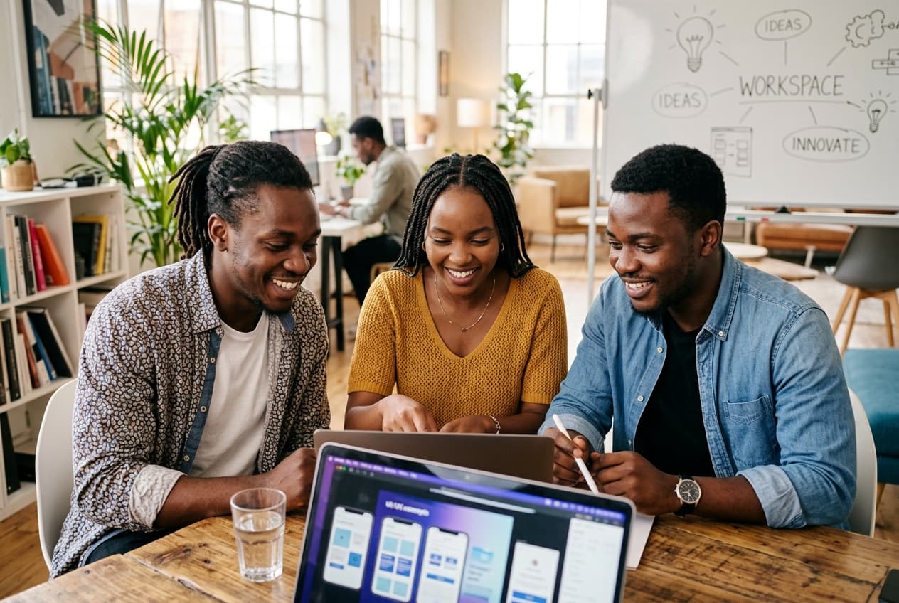 Creative African team collaborating around a laptop